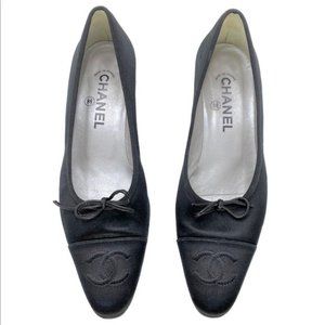 ❤️3 Amazing CHANEL France Black Satin CC Kitten Heel Pumps Shoes 37.5 +2 DUSTBAG